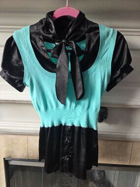 Vintage Y2K Wet Seal Mixed Media Babydoll Top Aqua Black Satin Bow Size S